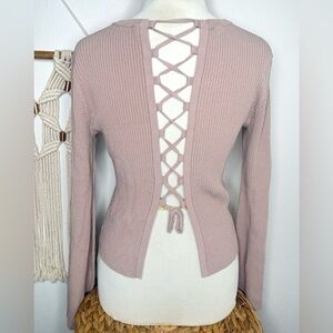 INTERMIX Taupe Ribbed Knit Top LACE UP Peekaboo back long sleeve sweater top